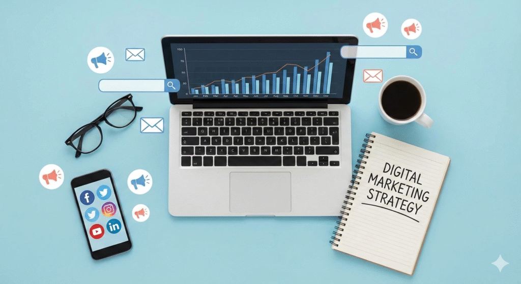 A top-down flat lay of a digital marketing workspace on a light blue background. The scene features an open laptop showing a bar graph of growth analytics, a smartphone displaying social media icons, and a notebook with the handwritten words 'DIGITAL MARKETING STRATEGY.' Floating digital icons representing email, SEO search bars, and megaphones surround the devices, along with a pair of glasses and a cup of coffee."