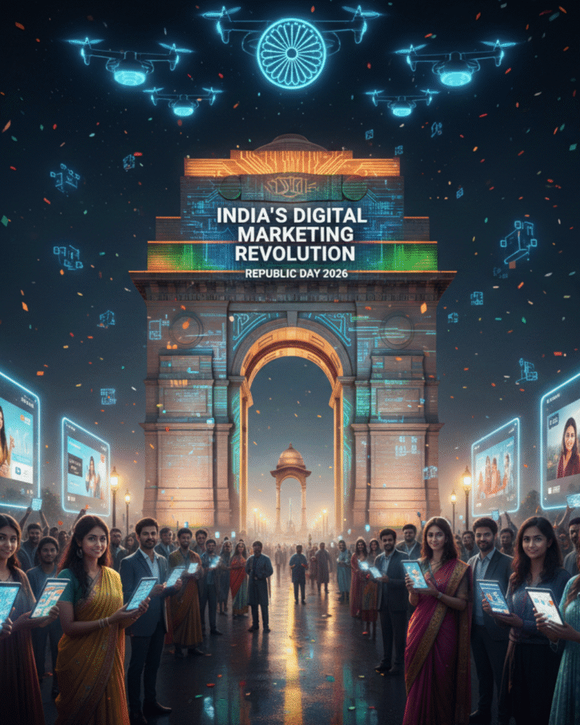 A futuristic celebration of India's Republic Day 2026 at Kartavya Path, New Delhi. The iconic India Gate is illuminated with digital circuit patterns and the text 'INDIA'S DIGITAL MARKETING REVOLUTION' and 'REPUBLIC DAY 2026'. In the foreground, a diverse group of Indian professionals in traditional and modern attire hold glowing tablets displaying marketing analytics and social media content. Holographic drones form the Ashoka Chakra in the night sky, while large transparent digital screens float on the sides, symbolizing the fusion of national heritage and technological advancement
